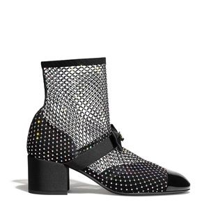 CHANEL 23S NEW TAGS GORGEOUS BLACK CRYSTAL BOOTS SHOES BOW GOLD CC size 37c